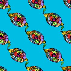 Zentangle colorful lemon on blue background seamless pattern