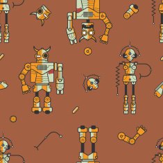 Seamless pattern with robots in outline style