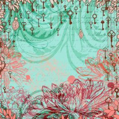 Vintage background with chrysanthemum flowers and hanging keys