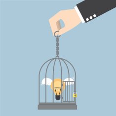 Light bulb of idea locked in a cage