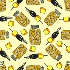 Seamless olive pattern with jar and canape cheese