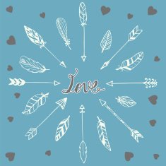 Romantic card with hand drawn doodle feathers arrows and hearts