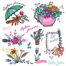 Doodle vintage floral group hand sketched element kit