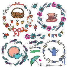 Doodle vintage floral wreath hand sketched element set