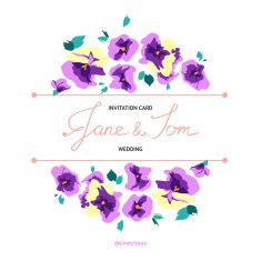 Invitation card with floral pansy bouquets