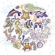 Cartoon Funny Fish Sea Life circle background Pastel colors