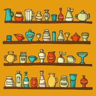 Kitchen colored utensils on shelves