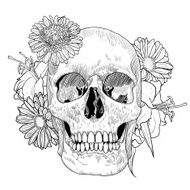 Vintage Greeting Card with Hand Drawn Skull and Flowers N2