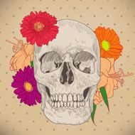 Vintage Greeting Card with Skull and Flowers on Beige Background