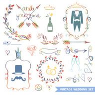 Cute vintage floral set with doodle decor wedding icons