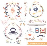 Cute retro floral set with doodle decor wedding icons