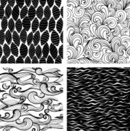 Set of seamless black and white wave floral patterns