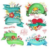 Watercolor retro ribbons with flowers Holiday set