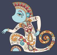 line art drawing of ethnic monkey in decorative ukrainian style N2