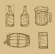 Hand drawn beer set on the brown background