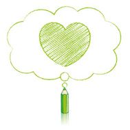 Green Pencil Drawing Heart in Fluffy Cloud Thought Balloon