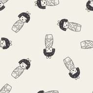 Japanese doll doodle seamless pattern background N2