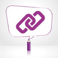 Purple Pencil Drawing Digital Link Icon in Rectangular Speech Balloon