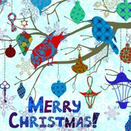 Bright Christmas card with birds and decorations