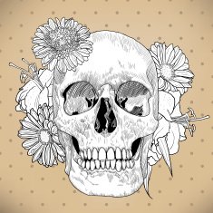 Vintage Greeting Card with Hand Drawn Skull and Flowers
