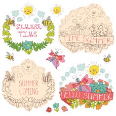 Doodle floral label with butterflies bees sun Hello summer