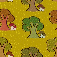 Bright seamless background with trees and mushrooms in a simple