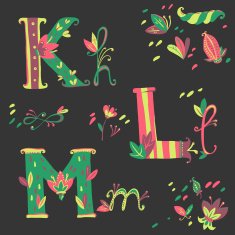 Floral bright hand drawn vector alphabet and design elements Pl
