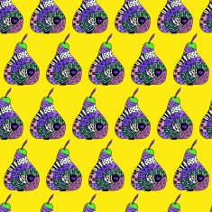 Zentangle colorful pear on yellow background seamless pattern