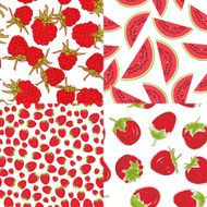 Ripe red raspberry strawberry watermelon seamless pattern on white background