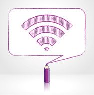 Purple Pencil Drawing Digital WiFi Icon in Rectangular Speech Bubble