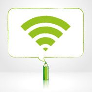 Green Pencil Drawing Digital WiFi Icon in Rectangular Speech Bubble