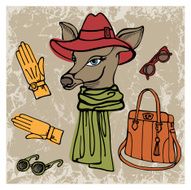 Hand drawn deer hipster girl with accessories Colors