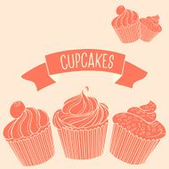 Hand-drawn monochrome pink cupcakes