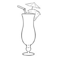 Vector Lineart Cocktail Pinot Colada with Pineapple Umbrella and Straw