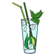 Vector Cartoon Cocktail Mojito with Mint Leaves and Straws