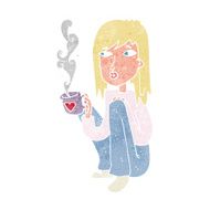 cartoon woman with cup of coffee