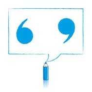 Blue Pencil Drawing Quotation Marks in Rectangular Speech Balloo