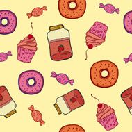 Seamless pattern with donuts jam cupcakes