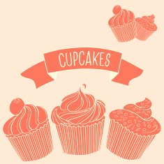 Hand-drawn monochrome pink cupcakes