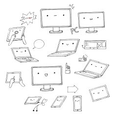 Set of hand-drawn kawaii gadgets