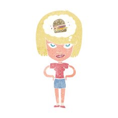 cartoon woman thinking about junk food