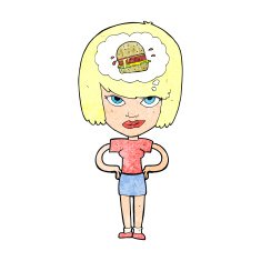 cartoon woman thinking about junk food N2