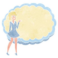 cartoon friendly woman with cloud text space