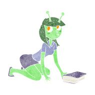 cartoon alien girl and book