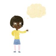 cartoon welcoming woman with thought bubble