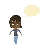 cartoon girl shrugging shoulders with thought bubble N2