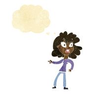 cartoon worried woman pointing with thought bubble