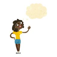 cartoon woman waving with thought bubble