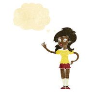 cartoon pretty woman waving for attention with thought bubble