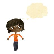 cartoon woman shrugging with thought bubble